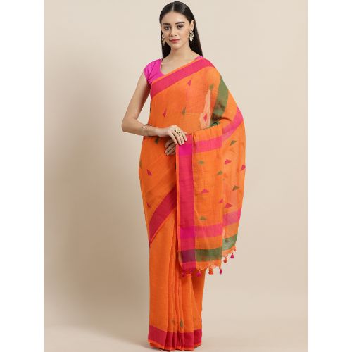 Laa Calcutta Orange & Pink Traditional Bengal Handloom saree with Blouse material