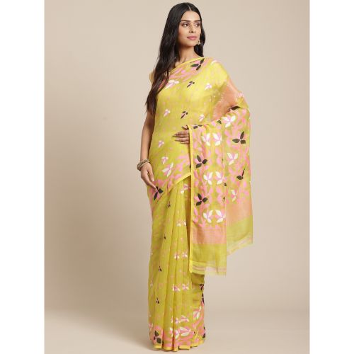 Laa Calcutta Olive green & Pink Traditional Jamdani saree without Blouse material
