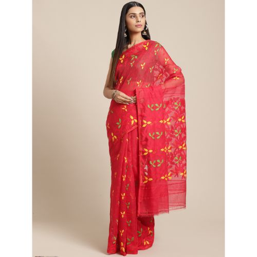 Laa Calcutta Red & Red Traditional Jamdani saree without Blouse material