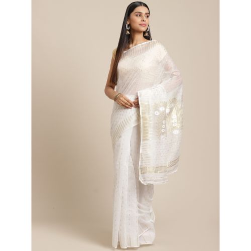 Laa Calcutta White & golden Traditional Jamdani saree without Blouse material