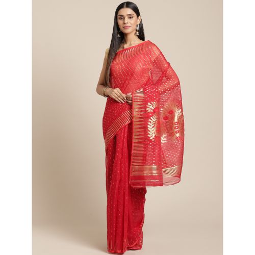 Laa Calcutta Red & golden Traditional Jamdani saree without Blouse material