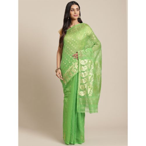 Laa Calcutta Green & Golden Traditional Jamdani saree without Blouse material