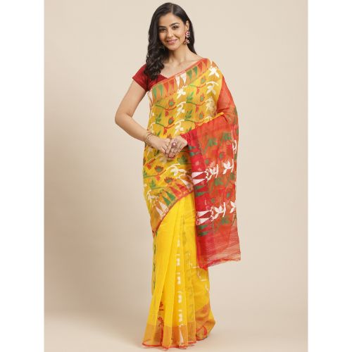Laa Calcutta Yellow & Multi Colour Traditional Jamdani saree without Blouse material