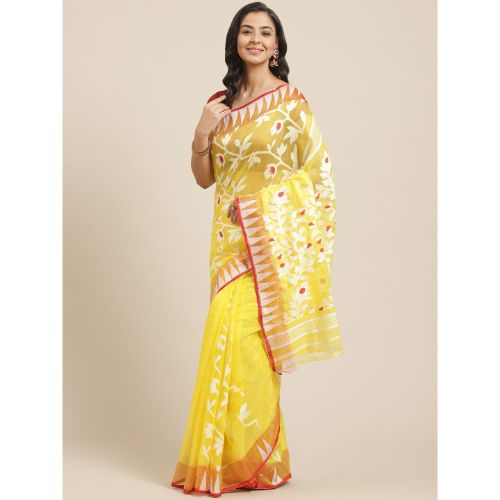 Laa Calcutta Yellow & White Traditional Jamdani saree without Blouse material