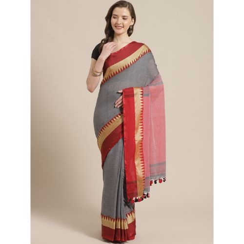 Laa Calcutta Grey & Red Traditional Bengal Handloom saree with Blouse material