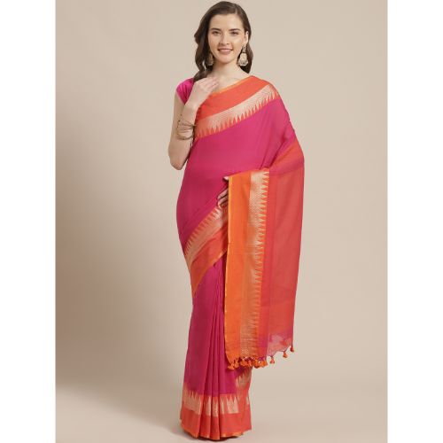 Laa Calcutta Pink & Orange Traditional Bengal Handloom saree with Blouse material