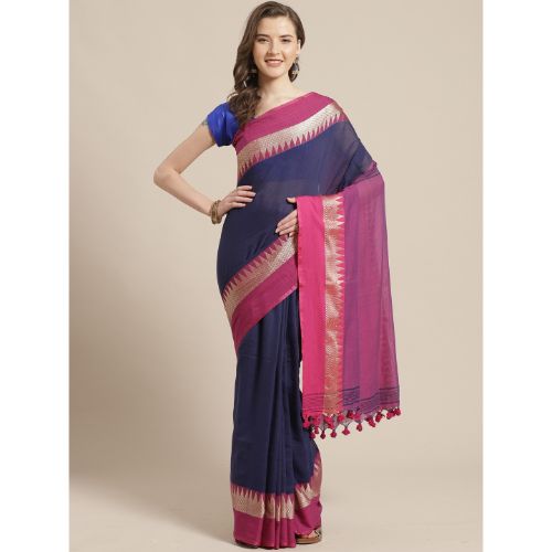 Laa Calcutta Navy blue & Purple Traditional Bengal Handloom saree with Blouse material