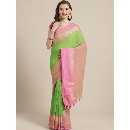 Laa Calcutta Green & Pink Traditional Bengal Handloom saree with Blouse material