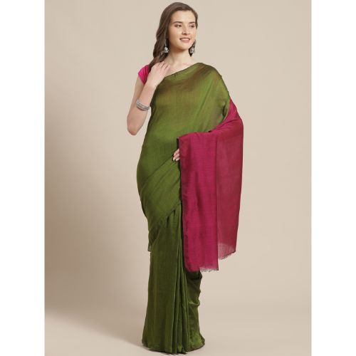 Laa Calcutta Magenta & Green Traditional Bengal Handloom saree with Blouse material