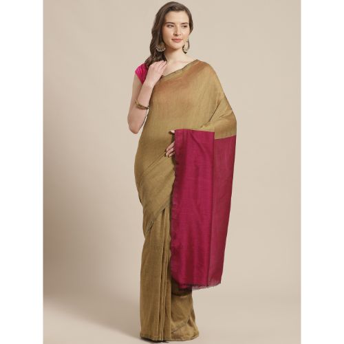 Laa Calcutta Golden & Magenta Traditional Bengal Handloom saree with Blouse material