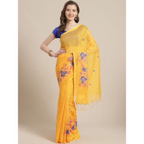 Laa Calcutta Yellow & Multi Traditional Bengal Handloom saree with Blouse material