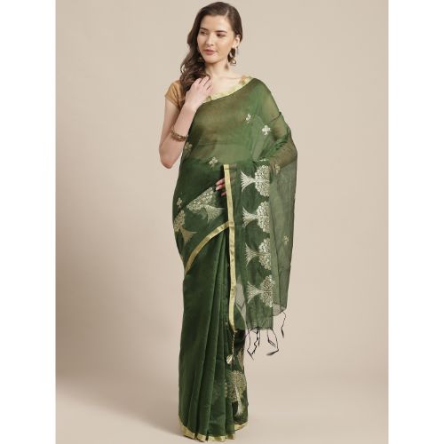 Laa Calcutta Olive green & Golden Traditional Bengal Handloom saree with Blouse material