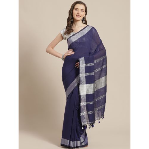 Laa Calcutta Blue & Silver Traditional Bengal Handloom saree with Blouse material