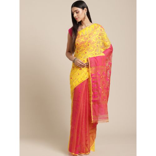 Laa Calcutta Yellow & Pink Traditional Jamdani saree without Blouse material
