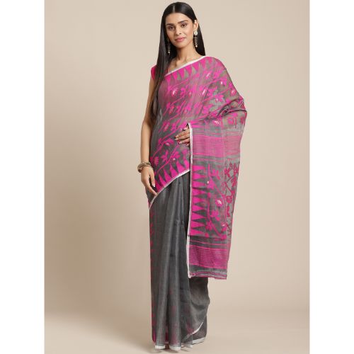 Laa Calcutta Grey & Pink Traditional Jamdani saree without Blouse material