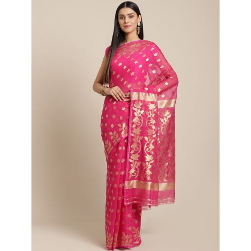 Laa Calcutta Pink & Golden Traditional Jamdani saree without Blouse material