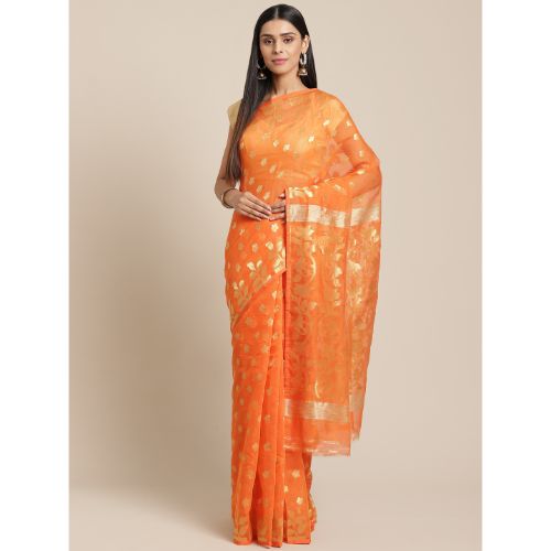 Laa Calcutta Orange & Golden Traditional Jamdani saree without Blouse material