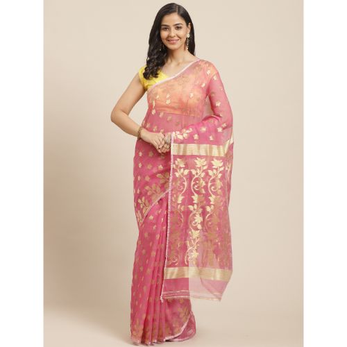 Laa Calcutta Baby pink & Golden Traditional Jamdani saree without Blouse material