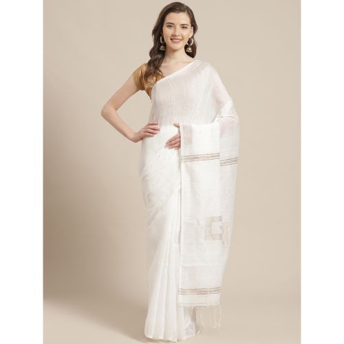 Laa Calcutta White & Golden Traditional Bengal Handloom saree with Blouse material