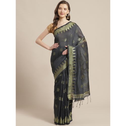Laa Calcutta Black & Golden Traditional Bengal Handloom saree with Blouse material