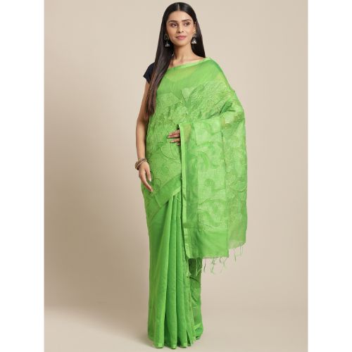 Laa Calcutta Green Traditional Bengal Handloom saree with Blouse material