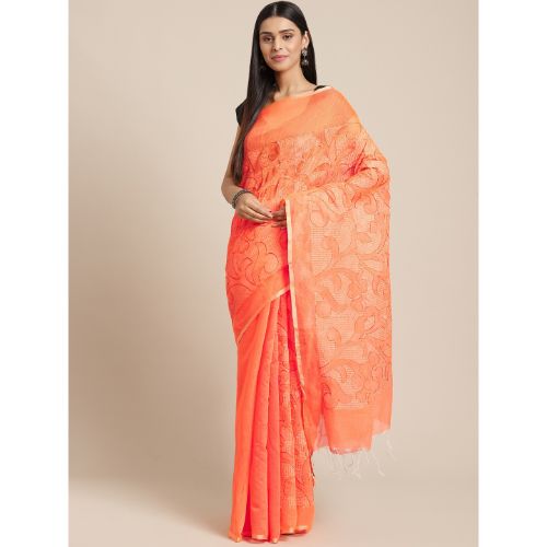 Laa Calcutta Orange Traditional Bengal Handloom saree with Blouse material