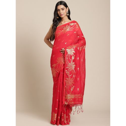 Laa Calcutta Red & Golden Traditional Bengal Handloom saree with Blouse material