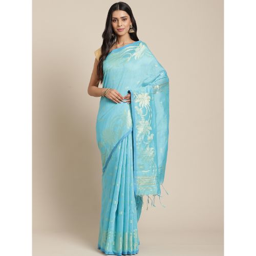 Laa Calcutta Sky blue & Golden Traditional Bengal Handloom saree with Blouse material