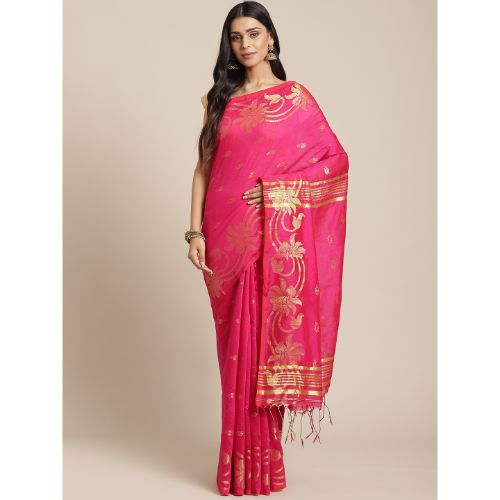 Laa Calcutta Pink & Golden Traditional Bengal Handloom saree with Blouse material