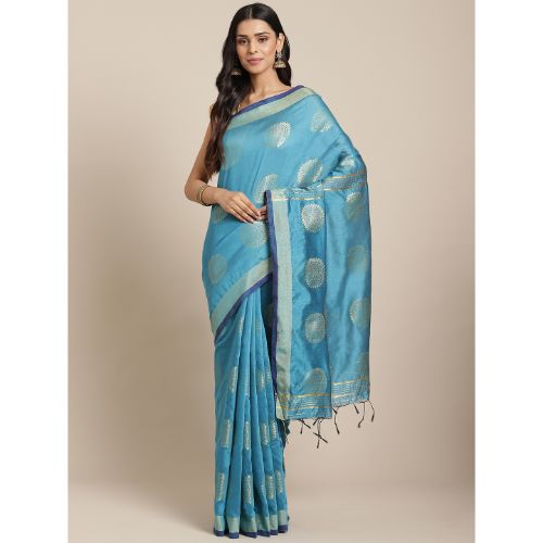 Laa Calcutta Sky blue & Golden Traditional Bengal Handloom saree with Blouse material