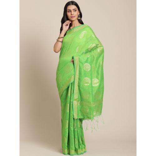 Laa Calcutta Green & Golden Traditional Bengal Handloom saree with Blouse material