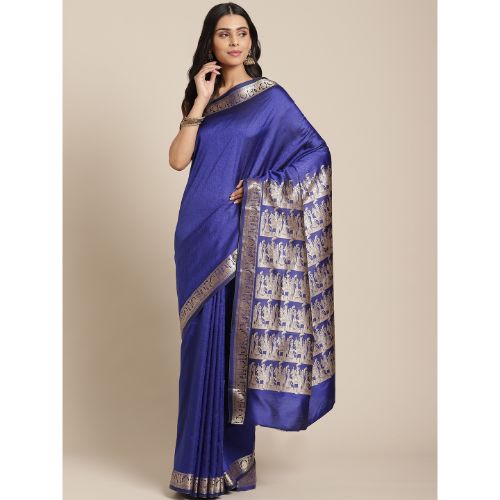 Laa Calcutta Royal blue & Golden Traditional Baluchari Silk saree with Blouse material