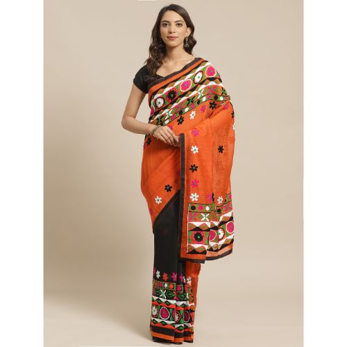 Laa Calcutta Orange & Black Traditional Bengal Handloom Kathiabari saree with Blouse material
