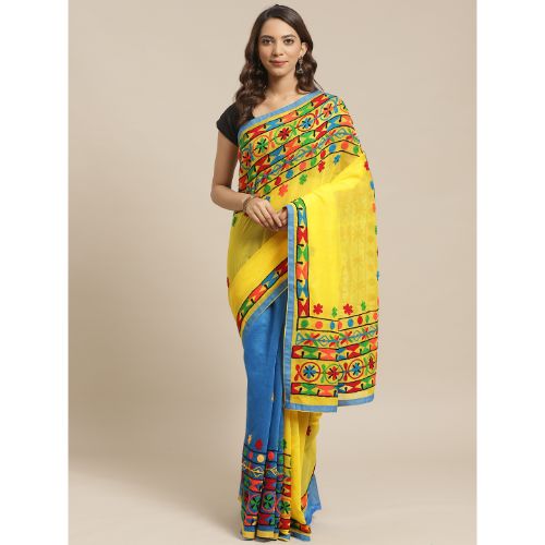 Laa Calcutta Yellow & blue Traditional Bengal Handloom Kathiabari saree with Blouse material