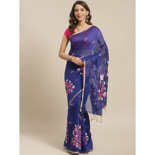 Laa Calcutta Blue & Multi Traditional Bengal Handloom saree with Blouse material