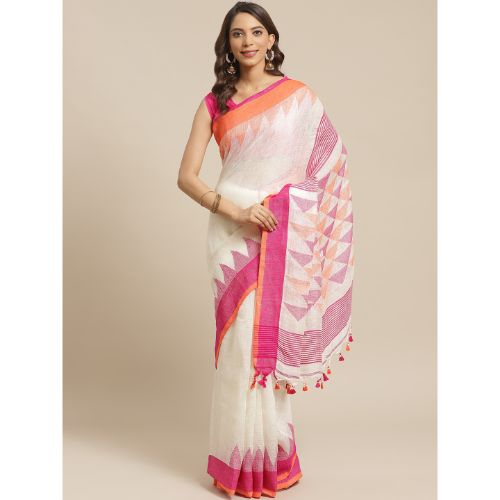 Off White & Multi Traditional Linen Jamdani saree with Blouse material