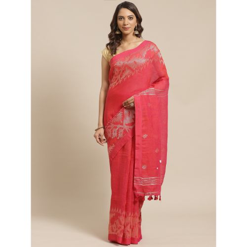 Pink & Golden Traditional Linen Jamdani saree with Blouse material