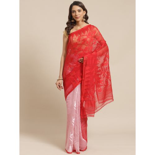 Red & White Traditional Jamdani saree without Blouse material