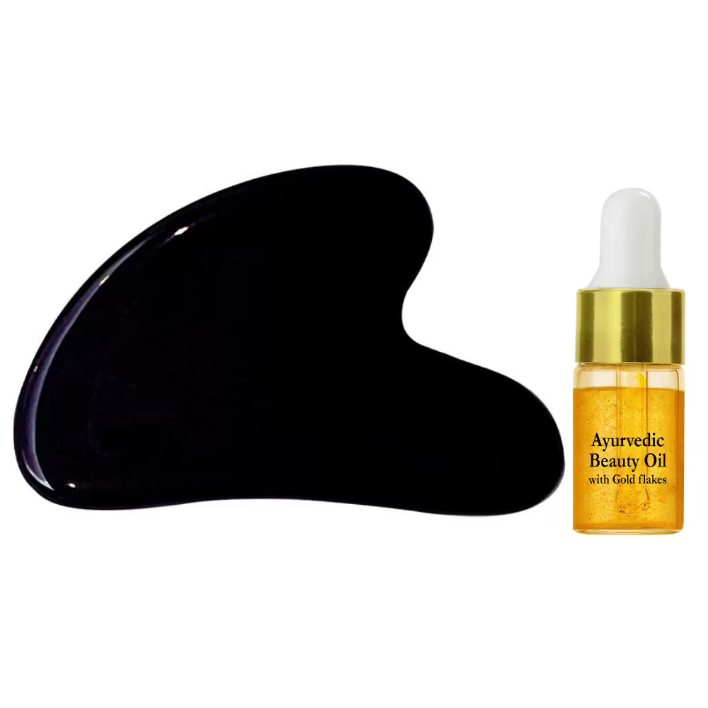Natural Vibes Black Obsidian Face Gua Sha with FREE Gold Beauty Elixir Oil For Men & Women