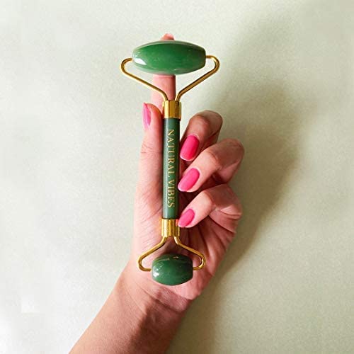 Natural Vibes Jade Roller & Massager for Face, Neck and Under eye with FREE Gold Beauty Elixir Oil 