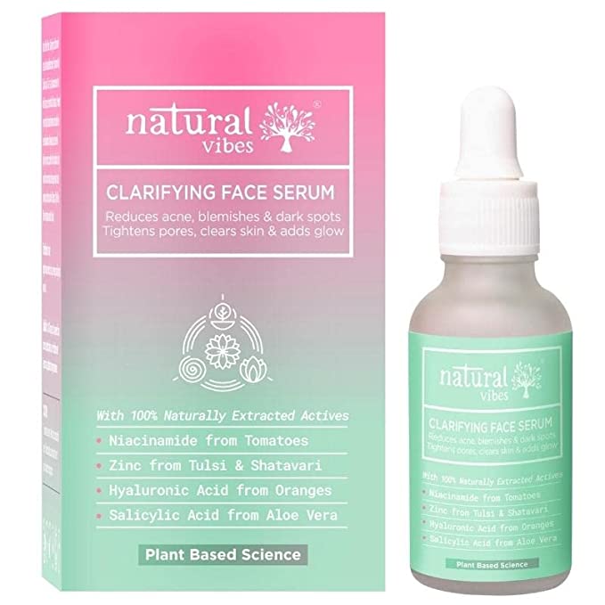 Natural Vibes Acne Clarifying Face Serum with Plant Based Zinc, Salicylic Acid & Niacinamide for Acne, Blemishes, Scars & Marks 30 ml