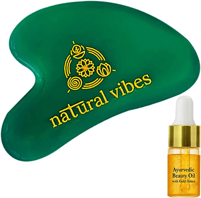 Natural Vibes Jade Gua Sha with FREE Gold Beauty Elixir Oil 3 ml For Face, Neck and Under eye 