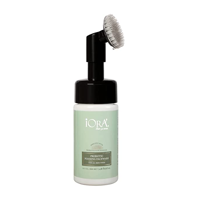 iORA Prebiotic Foaming Facewash with Silicone Cleanser Brush, powered by Seabuckthorn, Green Tea & Neem; Deep cleanses, Hydrates & Refreshes, helps against Acne, Oily & Dry Skin, For All Skin Types - 100ml