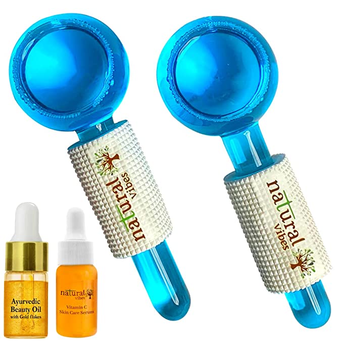 Natural Vibes Ice Globes Facial Tool with FREE Gold Beauty Elixir Oil & Vitamin C Serum for Face, Neck and Under Eye