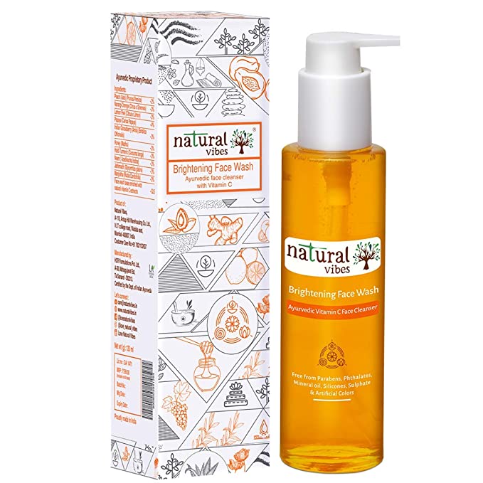 Natural Vibes ~ Ayurvedic Vitamin C Brightening Face Wash 120 ml ~ Deep cleanses your pores, fights sun damage, lightens pigmented areas and brightens your complexion