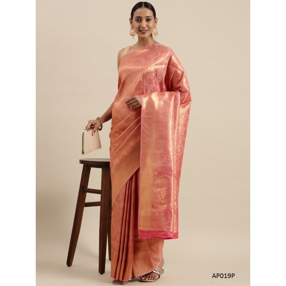 Sharaa Ethnica Peach color Kanjeevaram Silk Sarees with unstiched blouse piece