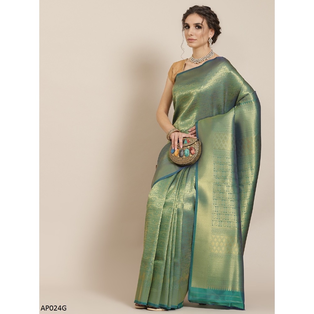 Sharaa Ethnica Green color Kanjeevaram Silk Sarees with unstiched blouse piece