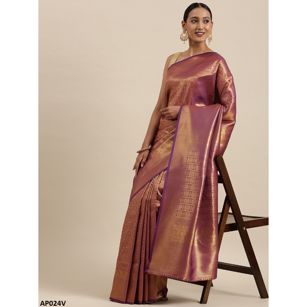 Sharaa Ethnica Wine color Kanjeevaram Silk Sarees with unstiched blouse piece