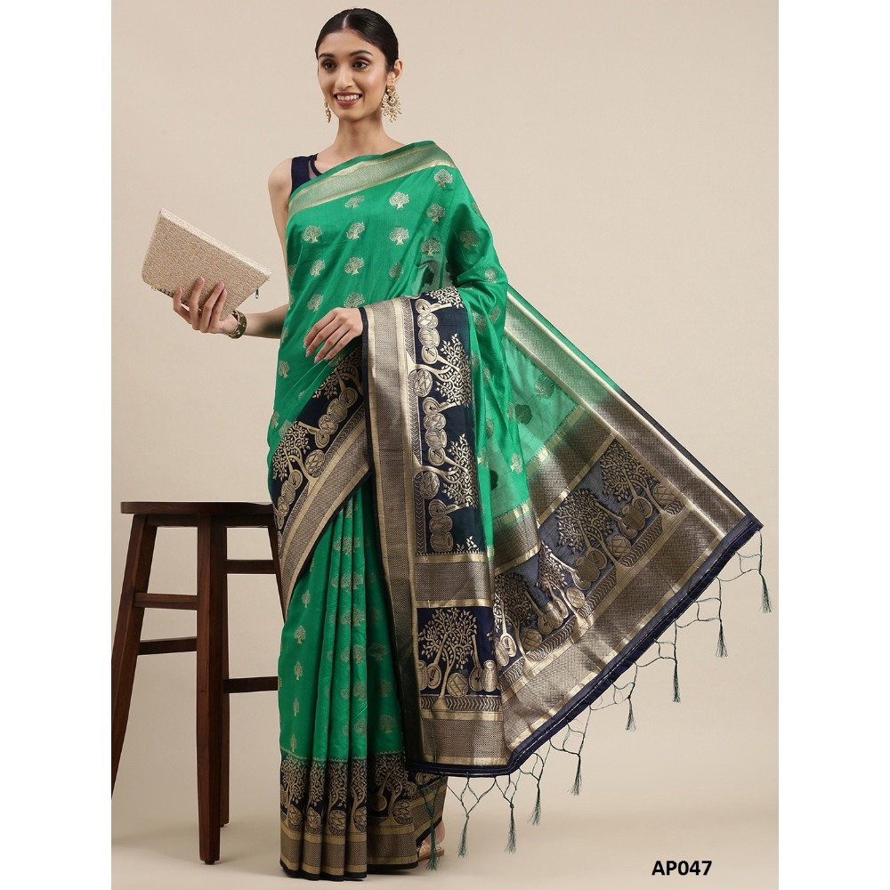 Sharaa Ethnica Green - Navy color Kanjeevaram Silk Sarees with unstiched blouse piece