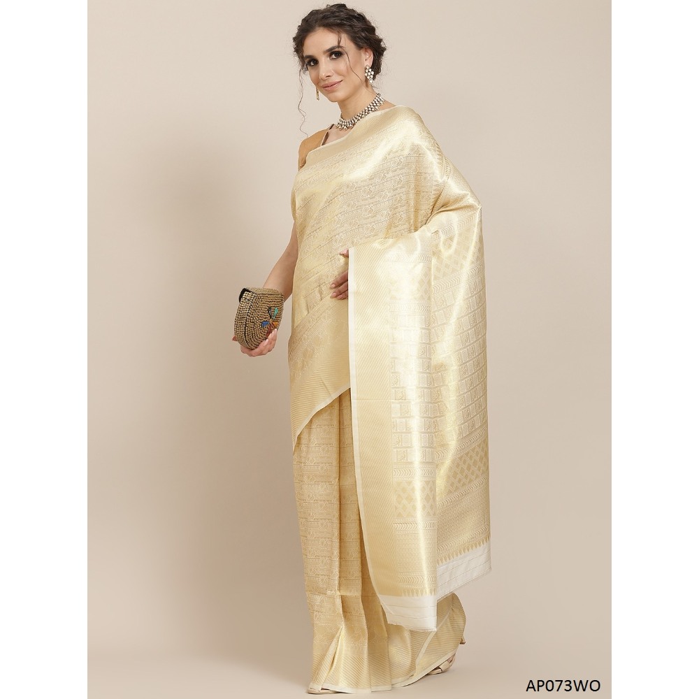 Sharaa Ethnica White color Kanjeevaram Silk Sarees with unstiched blouse piece
